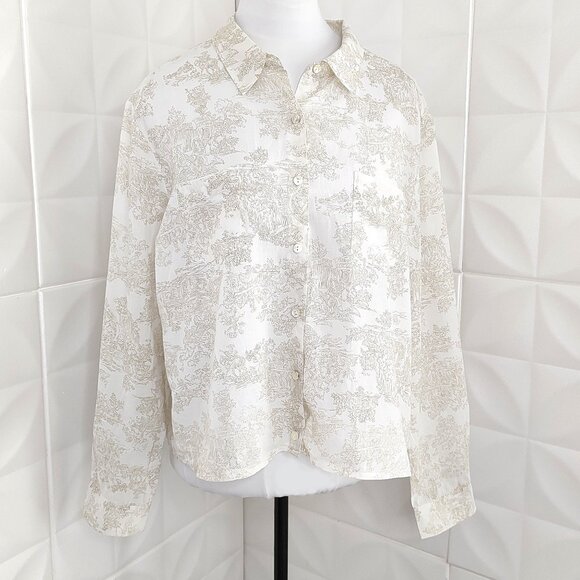 Ivory Toile Shirt Cotton Lightweight Shell Buttons J Jill Collar Crop Country XL - Picture 9 of 14